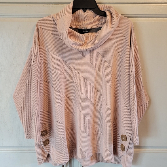 Ali Miles Light Pink Black Stripe Loose Fit Long Sleeve Cowl Neck Top - Picture 1 of 5